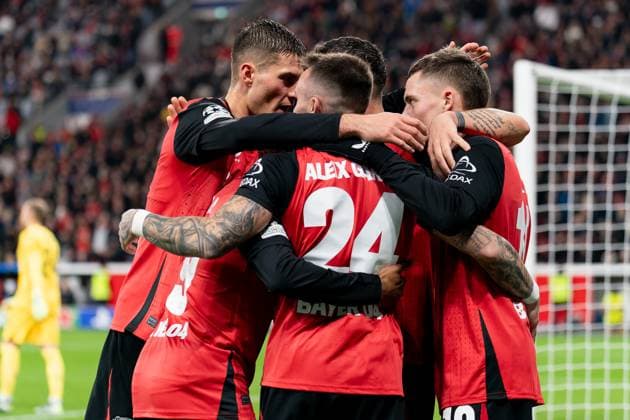 2024-11-26 Bayer 04 Leverkusen v FC Salzburg - UEFA Champions League 2024 25 League Phase MD5 LEVERKUSEN, GERMANY - NOVEMBER 26: Aleix Garcia of Bayer 04 Leverkusen celebrates after scoring the team s fifth goal with Florian Wirtz of Bayer 04 Leverkusen and Granit Xhaka of Bayer 04 Leverkusen during the UEFA Champions League 2024 25 League Phase MD5 match between Bayer 04 Leverkusen and FC Salzburg at BayArena on November 26, 2024 in Leverkusen, Germany. (Photo by Joris Verwijst BSR Agency) Leverkusen Germany Content not available for redistribution in The Netherlands directly or indirectly through any third parties. Copyright: xBSRxAgencyx