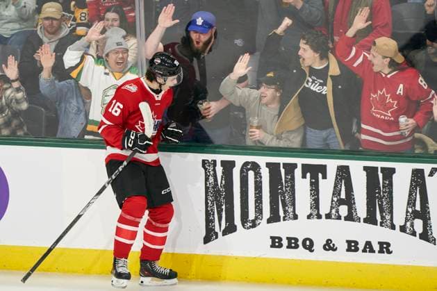 November 26, 2024, London, On, Canada: CHL prospect Lynden Lakovic celebrates his goal against the USA prospects during the first period of the CHL-USA Prospects Challenge game in London, Ont. on Tuesday, November 26, 2024. Canada News - November 26, 2024  - ZUMAc35_ 20241126_zaf_c35_098 Copyright: xGeoffxRobinsx