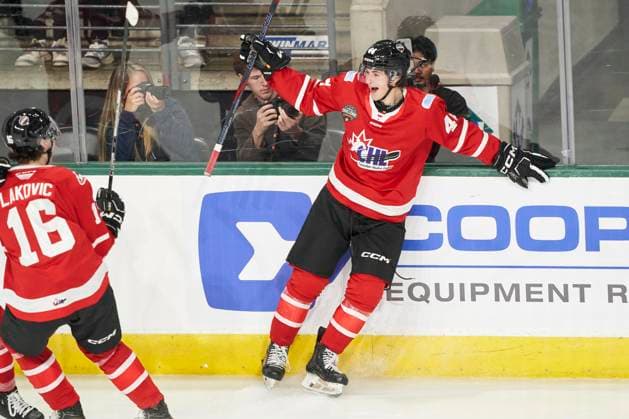 November 26, 2024, London, On, Canada: CHL prospect Brady Martin, right, celebrates his goal against the USA prospects during the second period of the CHL-USA Prospects Challenge game in London, Ont. on Tuesday, November 26, 2024. Canada News - November 26, 2024  - ZUMAc35_ 20241126_zaf_c35_102 Copyright: xGeoffxRobinsx