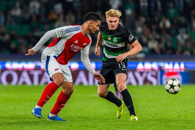 November 26, 2024, Lisbon, Portugal: William Saliba (L) of Arsenal and Conrad Harder (R) of Sporting CP seen in action during the UEFA Champions League football match between Sporting CP and Arsenal at Estadio Jose Alvalade Stadium. Lisbon Portugal - ZUMAs197 20241126_aaa_s197_179 Copyright: xHugoxAmaralx