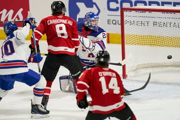 November 26, 2024, London, On, Canada: CHL prospect Justin Carbonneau and USA prospects goalie Patrick Quinlan watch the puck go into the goal during the third period of the CHL-USA Prospects Challenge game in London, Ont. on Tuesday, November 26, 2024. Canada News - November 26, 2024  - ZUMAc35_ 20241126_zaf_c35_116 Copyright: xGeoffxRobinsx