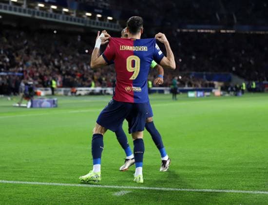 November 26, 2024, Sabadell, Barcelona, Spain: Barcelona Spain 26.11.2024 Robert Lewandowski FC Barcelona, Barca celebrates scoring 100 goals in the UEFA Champions League during the UEFA Champions League between FC Barcelona and Stade Brestois at Estadi Olimpic Lluis Companys on 26 November 2024 in Barcelona. Sabadell Spain - ZUMAu50_ 20241126_zsp_u50_027 Copyright: xXavixUrgelesx