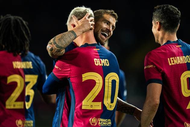 (241127) -- BARCELONA, Nov. 27, 2024 -- Dani Olmo (2nd R) of Barcelona celebrates with Inigo Martinez after scoring during the league phase match between FC Barcelona, Barca and Stade Brestois at the UEFA Champions League in Barcelona, Spain, on Nov. 26, 2024. (Photo by Xinhua) (SP)SPAIN-BARCELONA-FOOTBALL-CHAMPIONS LEAGUE-FC BARCELONA VS STADE BRESTOIS JoanxGosa 