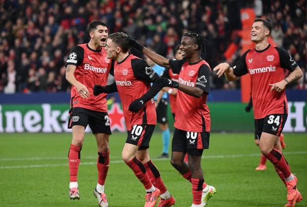 Jubel 3 0 Exequiel Palacios Bayer 04 Leverkusen , Florian Wirtz Bayer 04 Leverkusen , Jeremie Frimpong Bayer 04 Leverkusen , Granit Xhaka Bayer 04 Leverkusen , v li 26 11 2024, Football UEFA Champions League 2024 25, 5 Matchday Bayer 04 Leverkusen RB Salzburg 5 0 Foto Weis TEAM2 UEFA regulations prohibit any use of photographs as image sequences and or quasi video Leverkusen BayArena Nordrhein Westfalen Germany Team2