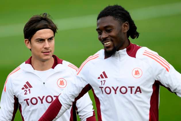 Paulo Dybala and Kouadio Kone of AS Roma during a training session the day before the Europa League football match between Tottenham and AS Roma at Centro Sportivo Fulvio Bernardini in Rome (Italy), November 27, 2024. AndreaxStaccioli