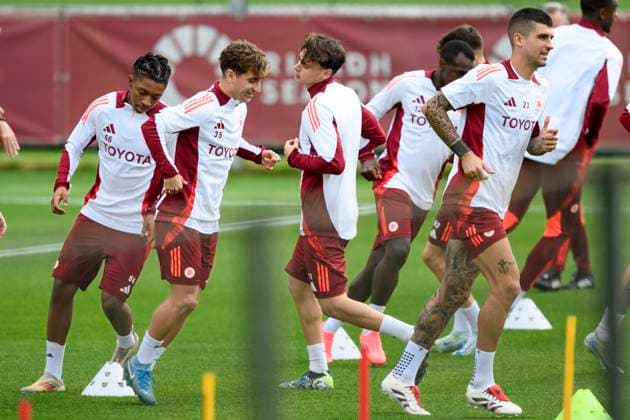 AS Roma players during a training session the day before the Europa League football match between Tottenham and AS Roma at Centro Sportivo Fulvio Bernardini in Rome (Italy), November 27, 2024. AndreaxStaccioli