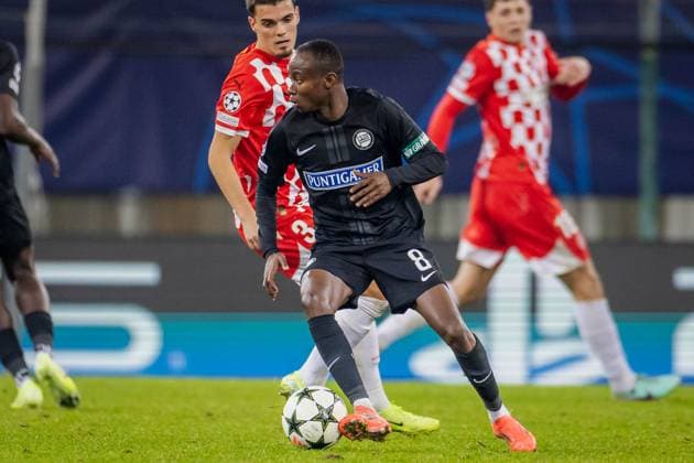 SOCCER - UEFA CL, Sturm vs Girona KLAGENFURT,AUSTRIA,27.NOV.24 - SOCCER - UEFA Champions League, SK Sturm Graz vs Girona FC. Image shows Miguel Gutierrez (Girona) and Malick Yalcouye (Sturm).  GEPAxpictures xMatthiasxTrinkl