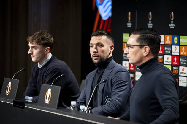 SAN SEBASTIAN - Ajax coach Francesco Farioli during the press conference, PK, Pressekonferenz in the press room of the Reale Arena (Estadio Anoeta) prior to Ajax s Europa League match against Real Sociedad. ANP TOBIAS KLEUVER xVIxANPxSportx xxANPxIVx 514400840 originalFilename: 514400840.jpg