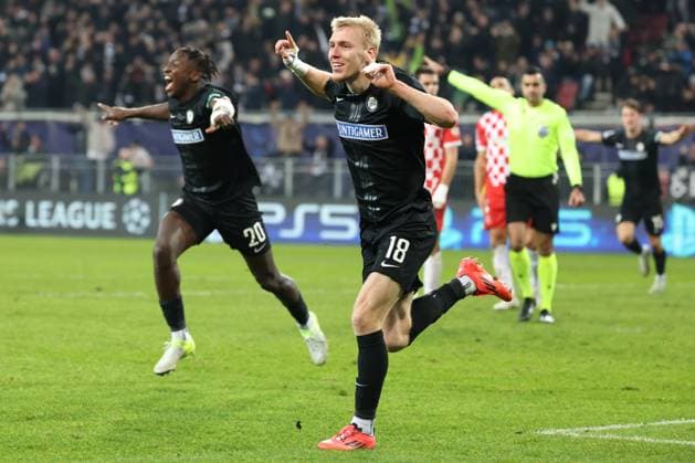 SOCCER - UEFA CL, Sturm vs Girona KLAGENFURT,AUSTRIA,27.NOV.24 - SOCCER - UEFA Champions League, SK Sturm Graz vs Girona FC. Image shows the rejoicing of Mika Biereth (Sturm).  GEPAxpictures xChrisxBauer