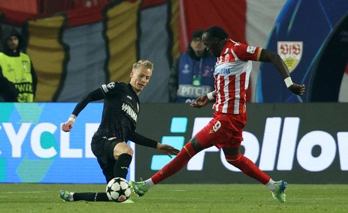 27.11.2024 Belgrade(Serbia) FK Crvena Zvezda-VfB Stuttgart Champions League men s football Chris Führich(L) VfB Stuttgart , Cherif Ndiaye(R) Crvena Zvezda(Red Star) :S.Sandic