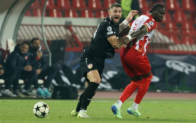 27.11.2024 Belgrade(Serbia) FK Crvena Zvezda-VfB Stuttgart Champions League men s football Jeff Chabot(C) VfB Stuttgart, Cherif Ndiaye(R) Crvena Zvezda(Red Star) :S.Sandic
