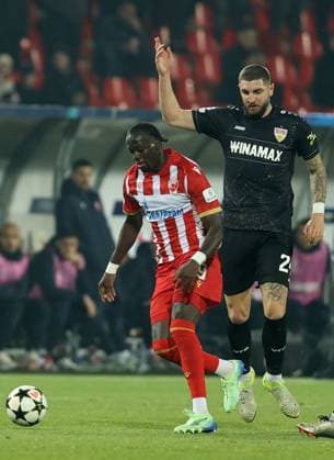 27.11.2024 Belgrade(Serbia) FK Crvena Zvezda-VfB Stuttgart Champions League men s football Jeff Chabot(R) VfB Stuttgart, Cherif Ndiaye(L) Crvena Zvezda(Red Star) :S.Sandic