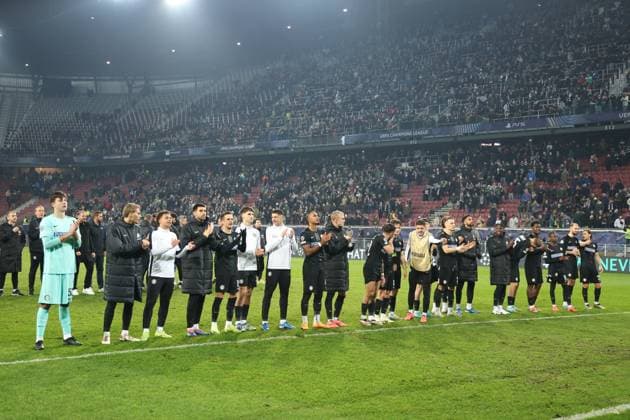 SOCCER - UEFA CL, Sturm vs Girona KLAGENFURT,AUSTRIA,27.NOV.24 - SOCCER - UEFA Champions League, SK Sturm Graz vs Girona FC. Image shows the rejoicing of Sturm.  GEPAxpictures xChrisxBauer