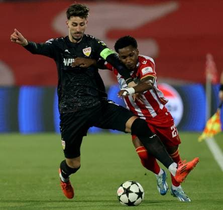 RECORD DATE NOT STATED 27.11.2024 Belgrade(Serbia) FK Crvena Zvezda-VfB Stuttgart Champions League men s football Atakan Karazor (L) VfB Stuttgart , Joao Milson(R) Crvena Zvezda(Red Star) :S.Sandic