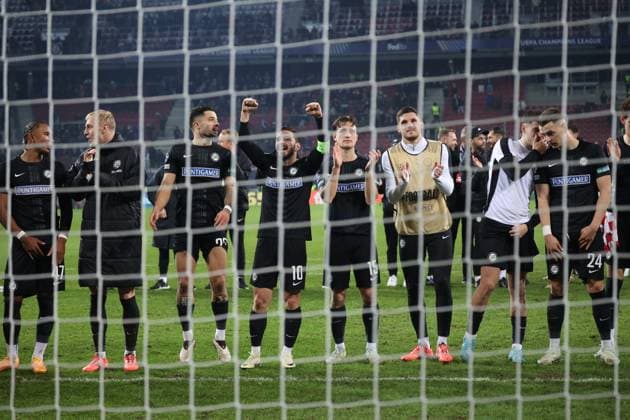 SOCCER - UEFA CL, Sturm vs Girona KLAGENFURT,AUSTRIA,27.NOV.24 - SOCCER - UEFA Champions League, SK Sturm Graz vs Girona FC. Image shows the rejoicing of Sturm.  GEPAxpictures xChrisxBauer