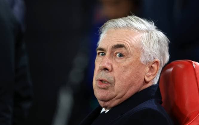 Liverpool, England, 27th November 2024. Real Madrid™s head coach Carlo Ancelotti during the UEFA Champions League match at Anfield, Liverpool. Picture credit should read: Jessica Hornby Sportimage EDITORIAL USE ONLY. No use with unauthorised audio, video, data, fixture lists, club league logos or live services. Online in-match use limited to 120 images, no video emulation. No use in betting, games or single club league player publications. SPI-3486-0031