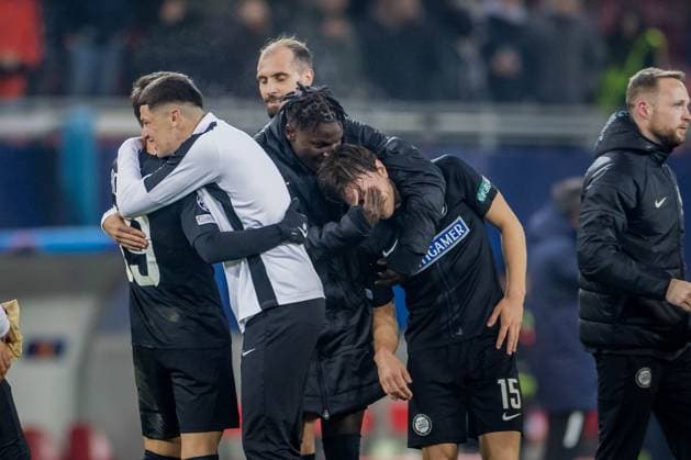 SOCCER - UEFA CL, Sturm vs Girona KLAGENFURT,AUSTRIA,27.NOV.24 - SOCCER - UEFA Champions League, SK Sturm Graz vs Girona FC. Image shows the rejoicing of SK Sturm Graz.  GEPAxpictures xMatthiasxTrinkl