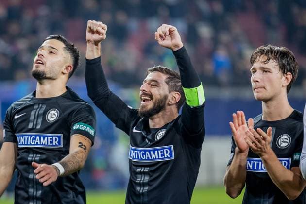 SOCCER - UEFA CL, Sturm vs Girona KLAGENFURT,AUSTRIA,27.NOV.24 - SOCCER - UEFA Champions League, SK Sturm Graz vs Girona FC. Image shows the rejoicing of Otar Kiteishvili (Sturm).  GEPAxpictures xMatthiasxTrinkl