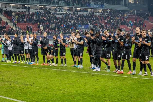 SOCCER - UEFA CL, Sturm vs Girona KLAGENFURT,AUSTRIA,27.NOV.24 - SOCCER - UEFA Champions League, SK Sturm Graz vs Girona FC. Image shows the rejoicing of Sturm.  GEPAxpictures xMatthiasxTrinkl