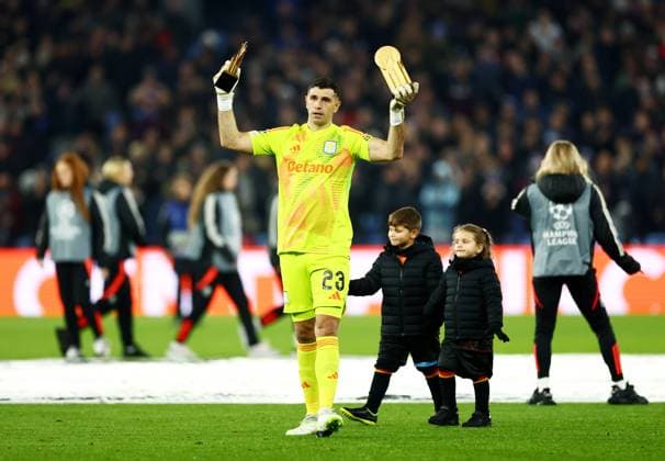 Emiliano Martinez of Aston Villa is presented to fans with his second Yashin Trophy won at the Ballon d Or Awards. Aston Villa v Juventus, UEFA Champions League, Group Stage, Football, Villa Park, Birmingham, UK - 27 Nov 2024 EDITORIAL USE ONLY No use with unauthorised audio, video, data, fixture lists, club league logos or live services. Online in-match use limited to 120 images, no video emulation. No use in betting, games or single club league player publications. Copyright: xJamesxMarsh Shutterstockx 14945027ag