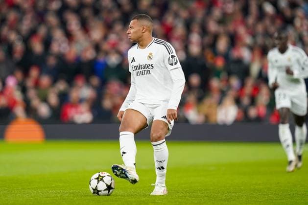 Liverpool FC v Real Madrid CF Real Madrid forward Kylian Mbappe (9) reacts during the Liverpool FC v Real Madrid CF UEFA Champions League Round 1 league phase Matchday 5 at Anfield, Liverpool, England, United Kingdom on 27 November 2024 Editorial use only. All images are copyright Every Second Media Limited. No images may be reproduced without prior permission. Copyright: xIMAGO EveryxSecondxMediax ESM-1227-0036