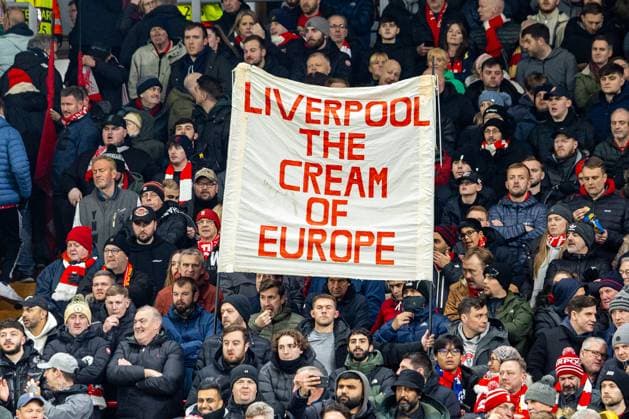 Football - UEFA Champions League - League Phase - Liverpool FC v Real Madrid CF LIVERPOOL, ENGLAND - Wednesday, November 27, 2024: Liverpool supporters banner Liverpool the cream of Europe during the UEFA Champions League game between Liverpool FC and Real Madrid CF at Anfield. (Photo by David Rawcliffe Propaganda) LIVERPOOL Anfield MERSEYSIDE ENGLAND  Copyright: xDavidxRawcliffex P2024-11-27-Liverpool_Madrid-15