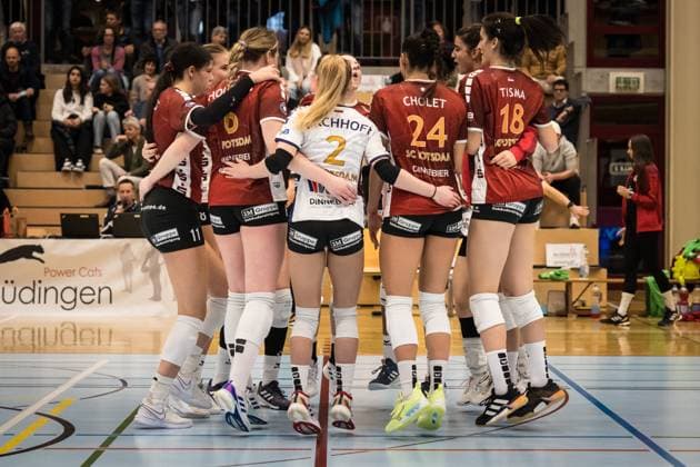 Volleyball CEV Challenge League Volley Duedingen vs SC Potsdam Duedingen , 27 11 2024 SC Potsdam celebrates the victory after the match ball in the Volleyball CEV Challenge League Volley Duedingen vs SC Potsdam in Duedingen , 27 11 2024 Copyright: xBEAUTIFULxSPORTS OlafxRellischx