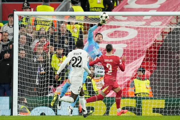 Liverpool FC v Real Madrid C.F. - UEFA Champions League 2024 25 League Phase MD5 Thibaut Courtois goalkeeper of Real Madrid and Belgium makes a save during the UEFA Champions League 2024 25 League Phase MD5 match between Liverpool FC and Real Madrid C.F. at Anfield on November 27, 2024 in Liverpool, England. Liverpool England United Kingdom  Copyright: xJosexBretonx originalFilename:bretonhernandez-liverpoo241127_npjSp.jpg