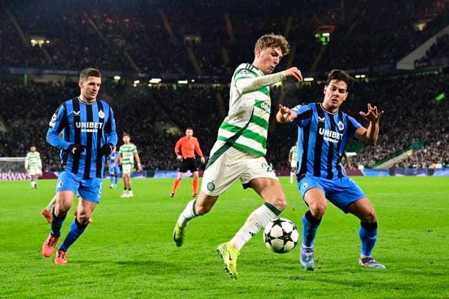 Celtic v Club Brugge - UEFA Champions League GLASGOW, SCOTLAND - NOVEMBER 27 : Engels Arne defender of Celtic FC in action with Jashari Ardon midfielder of Club Brugge and Tzolis Christos forward of Club Bruggeduring the UEFA Champions League phase matchday 5 between Celtic and Club Brugge on November 27, 2024 in Glasgow, Scotland, 27 11 2024 Glasgow Scotland  Copyright: xPeterxDexVoechtx