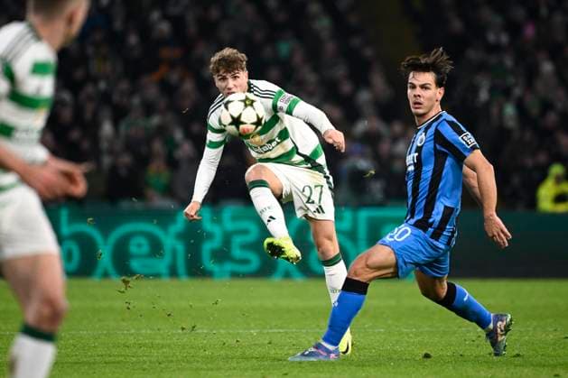 Celtic v Club Brugge - UEFA Champions League GLASGOW, SCOTLAND - NOVEMBER 27 : Engels Arne defender of Celtic FC and Jashari Ardon midfielder of Club Brugge during the UEFA Champions League phase matchday 5 between Celtic and Club Brugge on November 27, 2024 in Glasgow, Scotland, 27 11 2024 Glasgow Scotland  Copyright: xPeterxDexVoechtx
