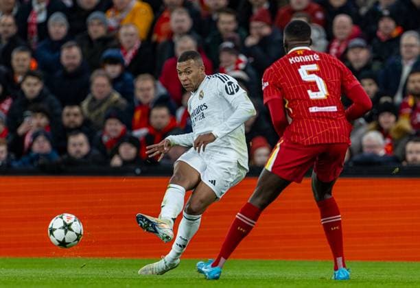 Football - UEFA Champions League - League Phase - Liverpool FC v Real Madrid CF LIVERPOOL, ENGLAND - Wednesday, November 27, 2024: Real Madrid s Kylian MbappÃ during the UEFA Champions League game between Liverpool FC and Real Madrid CF at Anfield. (Photo by David Rawcliffe Propaganda) LIVERPOOL Anfield MERSEYSIDE ENGLAND  Copyright: xDavidxRawcliffex P2024-11-27-Liverpool_Madrid-24