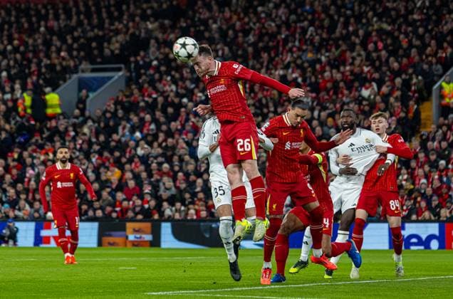 Football - UEFA Champions League - League Phase - Liverpool FC v Real Madrid CF LIVERPOOL, ENGLAND - Wednesday, November 27, 2024: Liverpool s Andy Robertson heads the ball clear during the UEFA Champions League game between Liverpool FC and Real Madrid CF at Anfield. (Photo by David Rawcliffe Propaganda) LIVERPOOL Anfield MERSEYSIDE ENGLAND  Copyright: xDavidxRawcliffex P2024-11-27-Liverpool_Madrid-27