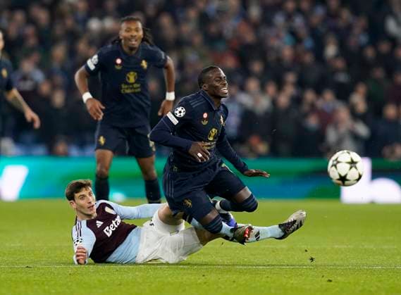 Birmingham, England, 27th November 2024. Aston Villa s Pau Torres fouls Juventus Timothy Weah during the UEFA Champions League match at Villa Park, Birmingham. Picture credit should read: Andrew Yates Sportimage EDITORIAL USE ONLY. No use with unauthorised audio, video, data, fixture lists, club league logos or live services. Online in-match use limited to 120 images, no video emulation. No use in betting, games or single club league player publications. SPI-3485-0021