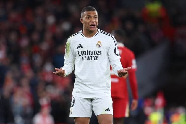 Liverpool FC v Real Madrid C.F. - UEFA Champions League 2024 25 League Phase MD5 Kylian Mbappe of Real Madrid CF reacts during the UEFA Champions League 2024 25 League Phase MD5 match between Liverpool FC and Real Madrid C.F. at Anfield on November 27, 2024 in Liverpool, England. Liverpool Anfield England United Kingdom Copyright: xedxSykes Sportsphoto APLx 14052921