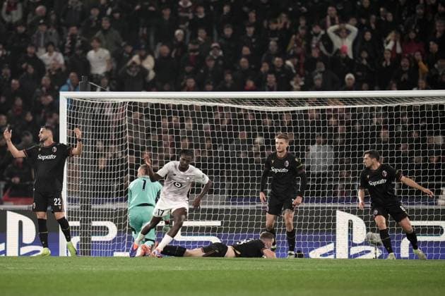 Lille s Ngal ayel Mukau celebrates after scoring the 0-1 goal for his team during the Uefa Champions League 2024 2025 soccer match between Bologna and Lille at Renato Dall Ara Stadium - Soccer - Bologna, Italy - Wednesday November 27, 2024  Copyright: xMassimoxPaolone LaPressex