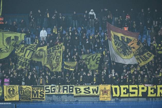 GNK Dinamo v Borussia Dortmund - UEFA Champions League 2024 25 League Phase MD5 Fans of Borussia Dortmund show their support during the UEFA Champions League 2024 25 League Phase MD5 match between GNK Dinamo Zagreb and Borussia Dortmund at Maksimir stadium on November 27, 2024 in Zagreb, Croatia.  MarkoxLukunic PIXSELL