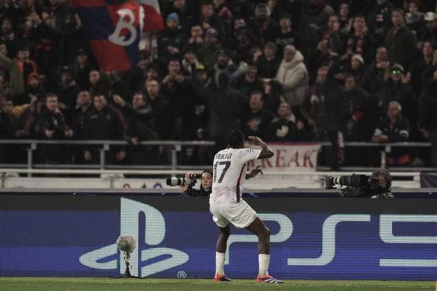 Lille s Ngal ayel Mukau celebrates after scoring the 0-1 goal for his team during the Uefa Champions League 2024 2025 soccer match between Bologna and Lille at Renato Dall Ara Stadium - Soccer - Bologna, Italy - Wednesday November 27, 2024  Copyright: xMassimoxPaolone LaPressex