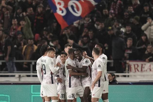 Lille s Ngal ayel Mukau celebrates after scoring the 0-1 goal for his team during the Uefa Champions League 2024 2025 soccer match between Bologna and Lille at Renato Dall Ara Stadium - Soccer - Bologna, Italy - Wednesday November 27, 2024  Copyright: xMassimoxPaolone LaPressex