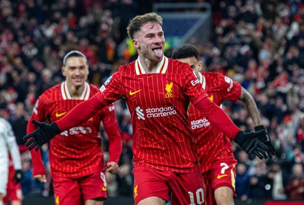 Football - UEFA Champions League - League Phase - Liverpool FC v Real Madrid CF LIVERPOOL, ENGLAND - Wednesday, November 27, 2024: Liverpool s Alexis Mac Allister celebrates after scoring the opening goal during the UEFA Champions League game between Liverpool FC and Real Madrid CF at Anfield. (Photo by David Rawcliffe Propaganda) LIVERPOOL Anfield MERSEYSIDE ENGLAND  Copyright: xDavidxRawcliffex P2024-11-27-Liverpool_Madrid-29