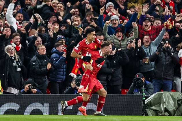 UEFA Champions League, League Phase MD5 Liverpool v Real Madrid Alexis Mac Allister of Liverpool celebrates his goal with teammates to make it 1-0 during the UEFA Champions League, League Phase MD5 Liverpool v Real Madrid at Anfield, Liverpool, United Kingdom, 27th November 2024 (Photo by Mark Cosgrove News Images) Liverpool Anfield Merseyside United Kingdom Copyright: xMarkxCosgrove NewsxImagesx