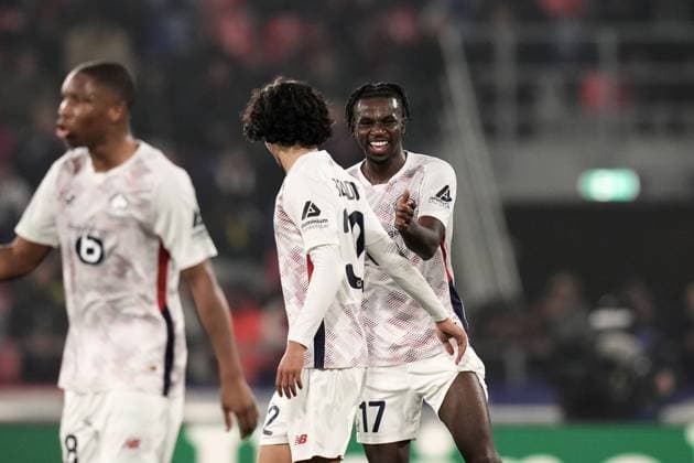 Lille s Ngal ayel Mukau celebrates after scoring the 0-1 goal for his team during the Uefa Champions League 2024 2025 soccer match between Bologna and Lille at Renato Dall Ara Stadium - Soccer - Bologna, Italy - Wednesday November 27, 2024  Copyright: xMassimoxPaolone LaPressex