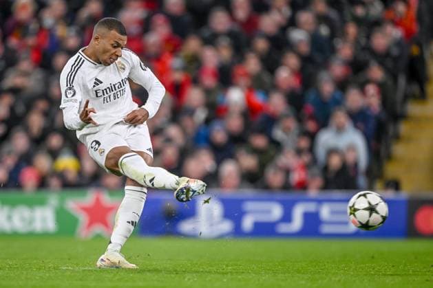 Kylian Mbappe Real Madrid CF on the penalty kick during the UEFA Champions League 2024 25 League Phase MD5 match between Liverpool FC and Real Madrid C F at Anfield on November 27, 2024 in Liverpool, England Defodi 541 LIVREA20241127 041 Defodi-541