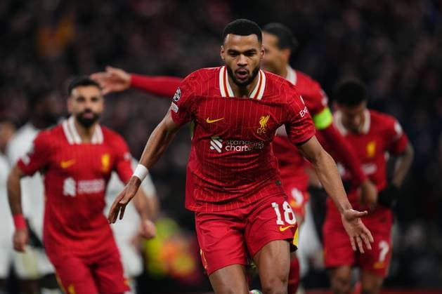 Cody Gakpo of Liverpool FC celebrates the 2-0 Liverpool FC and Real Madrid, UEFA Champions League match, date 5. Football, Anfield Stadium, Liverpool, England - 27 Nov 2024 Editorial use only  Copyright: xBaguxBlanco Pressinphoto Shutterstockx 14949588ai