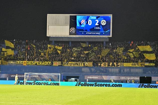 Zagreb, Croatia, November 27th 2024: Fans of Borussia Dortmund celebrate score during the UEFA Champions League, League phase, match between Dinamo Zagreb and Borussia Dortmund at Stadium Maksimir, Zagreb, Croatia. (Igor Kupljenik SPP) Copyright: xIgorxKupljenikx xSPPx spp-en-IgKuSp-IK2_4313
