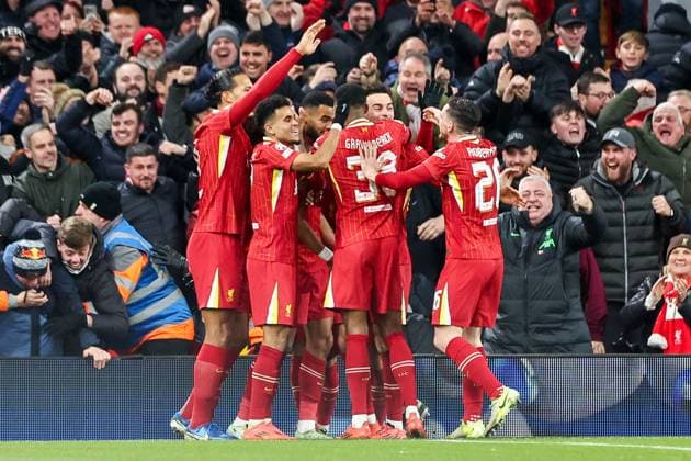 UEFA Champions League, League Phase MD5 Liverpool v Real Madrid Cody Gakpo of Liverpool celebrates his goal with teammates to make it 2-0 during the UEFA Champions League, League Phase MD5 Liverpool v Real Madrid at Anfield, Liverpool, United Kingdom, 27th November 2024 (Photo by Mark Cosgrove News Images) Liverpool Anfield Merseyside United Kingdom Copyright: xMarkxCosgrove NewsxImagesx