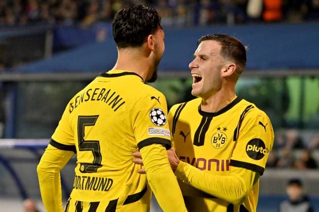 Zagreb, Croatia, November 27th 2024: Borussia Dortmund celebrate score during the UEFA Champions League, League phase, match between Dinamo Zagreb and Borussia Dortmund at Stadium Maksimir, Zagreb, Croatia. (Igor Kupljenik SPP) Copyright: xIgorxKupljenikx xSPPx spp-en-IgKuSp-IK2_4303