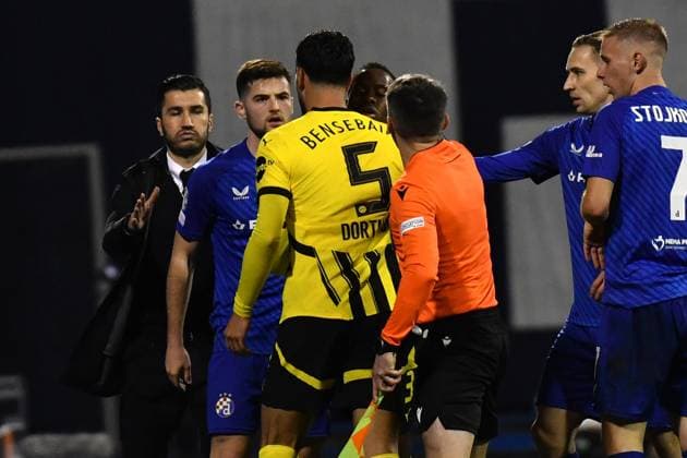 Zagreb, Croatia, November 27th 2024: Ramy Bensebaini of Borussia Dortmund (C) in action against Stefan Ristovski of Dinamo Zagreb (CL) during the UEFA Champions League, League phase, match between Dinamo Zagreb and Borussia Dortmund at Stadium Maksimir, Zagreb, Croatia. (Natasa Kupljenik SPP) Copyright: xNatasaxKupljenikx xSPPx spp-en-NaKuSp-NNR_1163