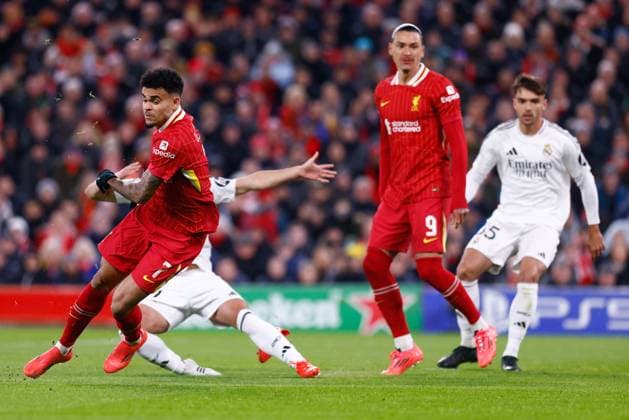 November 27, 2024, Liverpool, Liverpool, ENGLAND: Luis Diaz of Liverpool in action during the UEFA Champions League 2024 25 League Phase MD5 match between Liverpool FC and Real Madrid CF at Anfield on November 27, 2024, in Liverpool, England. Liverpool ENGLAND - ZUMAa181 20241127_zaa_a181_036 Copyright: xDennisxAgyemanx