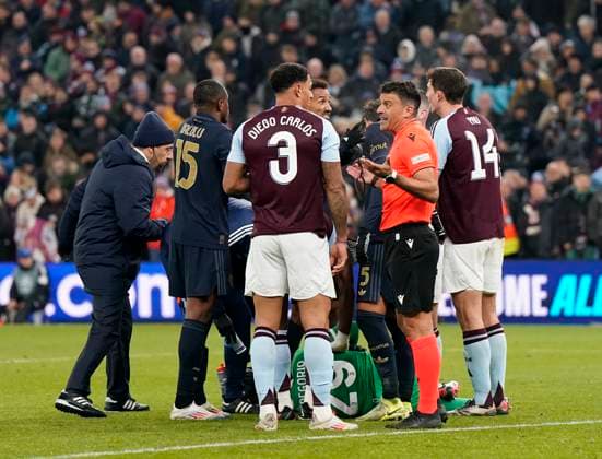 Birmingham, England, 27th November 2024. Aston Villa s Diego Carlos speaks to the referee after his sides goal is disallowed during the UEFA Champions League match at Villa Park, Birmingham. Picture credit should read: Andrew Yates Sportimage EDITORIAL USE ONLY. No use with unauthorised audio, video, data, fixture lists, club league logos or live services. Online in-match use limited to 120 images, no video emulation. No use in betting, games or single club league player publications. SPI-3485-0040