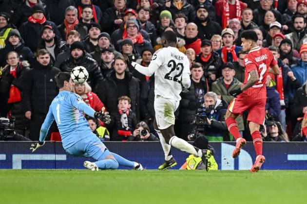 Goalkeeper Thibaut Courtois Real Madrid CF , Antonio Ruediger Real Madrid CF and Luis Diaz Liverpool FC battle for the ball during the UEFA Champions League 2024 25 League Phase MD5 match between Liverpool FC and Real Madrid C F at Anfield on November 27, 2024 in Liverpool, England Defodi 541 LIVREA20241127 059 Defodi-541